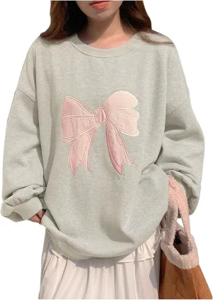 Women's Oversized Sweatshirts Bow Embroidery Long Sleeve Crewneck Sweatshirt Pullovers Trendy