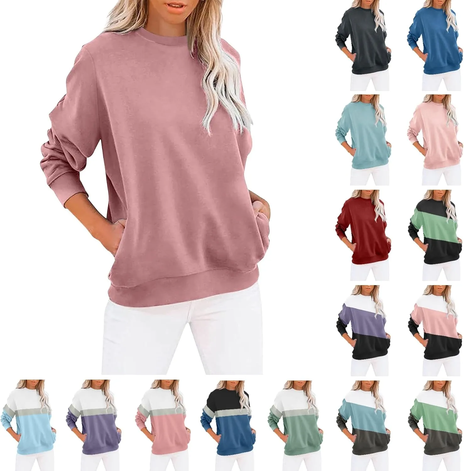 Womens Oversized Sweatshirts Fall Crewneck Long Sleeve Pullover Sweatshirt Trendy Lightweight Outdoors Tops Pockets