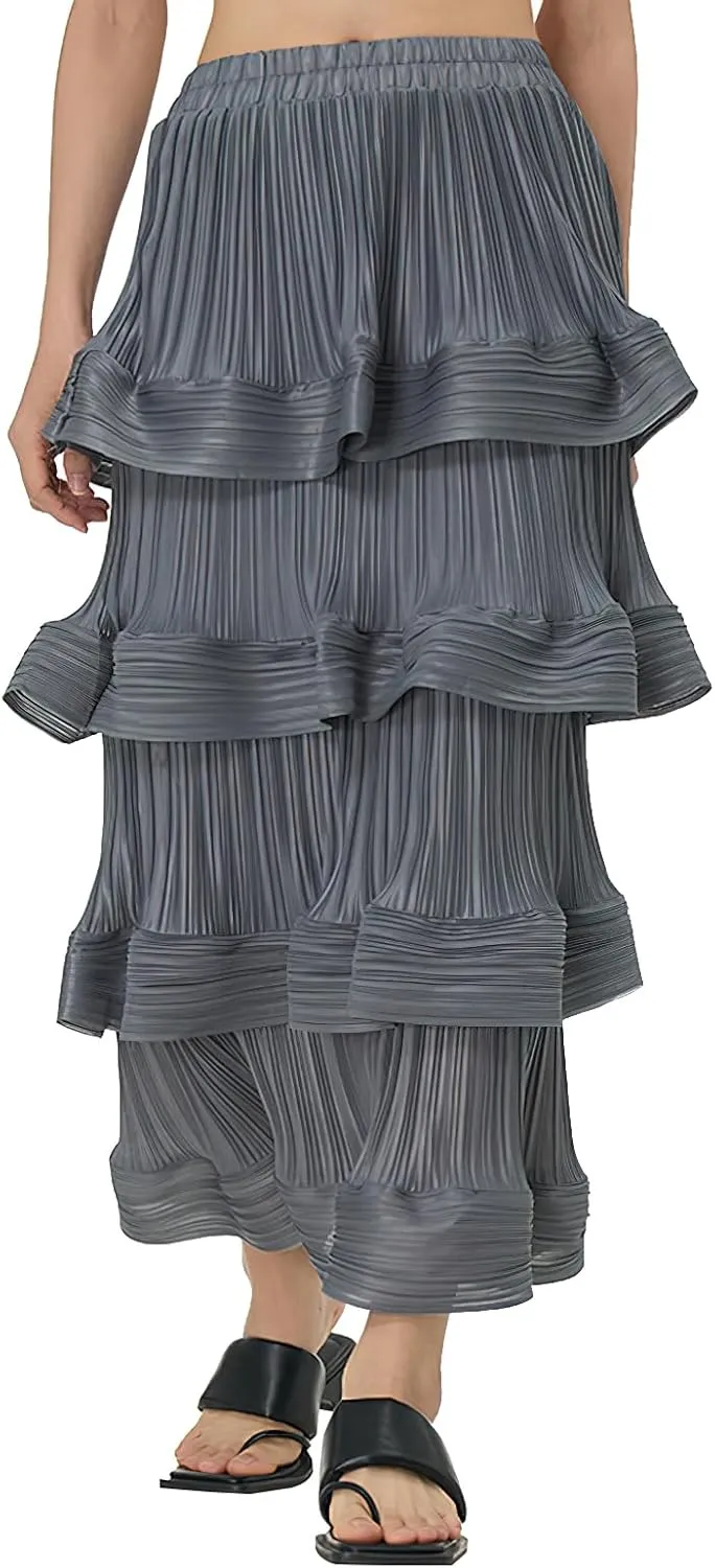 Women's Pleated High Waist Multilayer Ruffle Midi Skirts Fairy A-line Midi Skirts