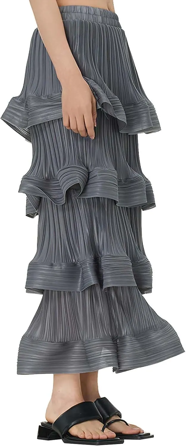 Women's Pleated High Waist Multilayer Ruffle Midi Skirts Fairy A-line Midi Skirts