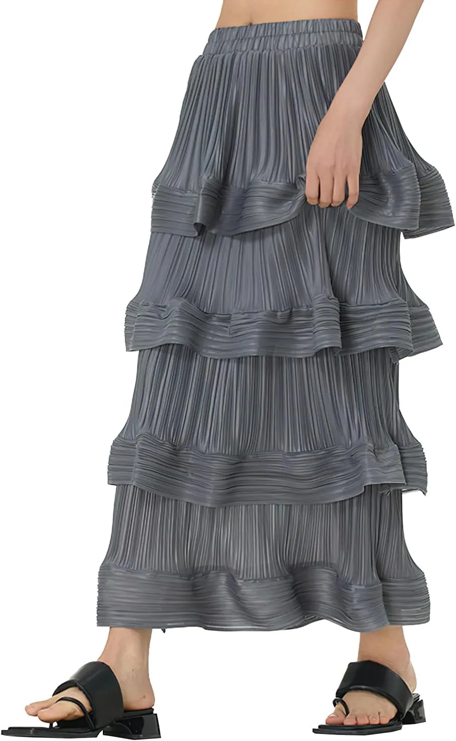 Women's Pleated High Waist Multilayer Ruffle Midi Skirts Fairy A-line Midi Skirts