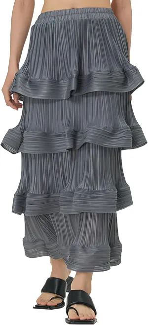 Women's Pleated High Waist Multilayer Ruffle Midi Skirts Fairy A-line Midi Skirts