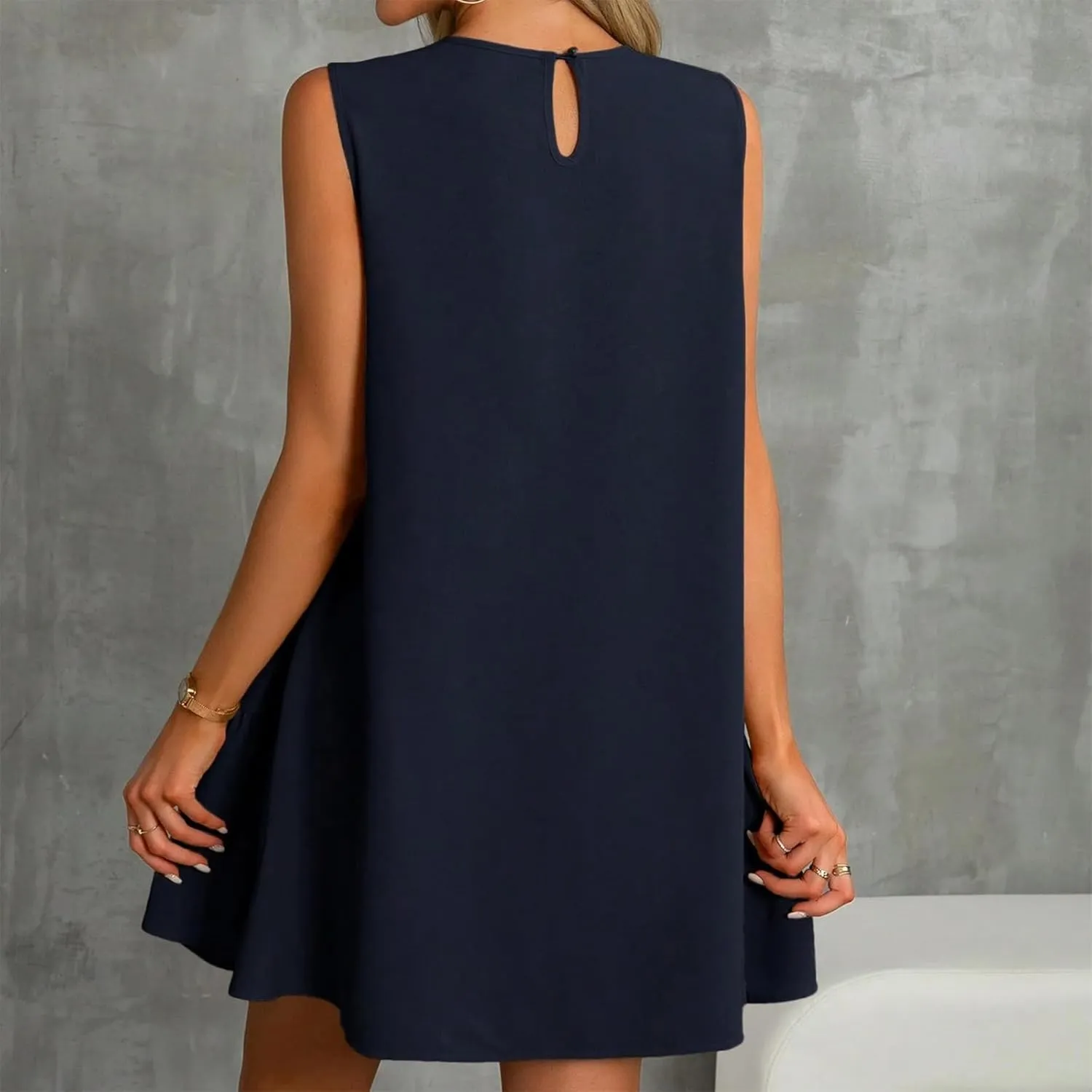 Women's Ruffle Hem Sleeveless Tank Dress Round Neck Casual Jacquard Hem Smock Summer Mini Dresses Sleeveless Dress for Women
