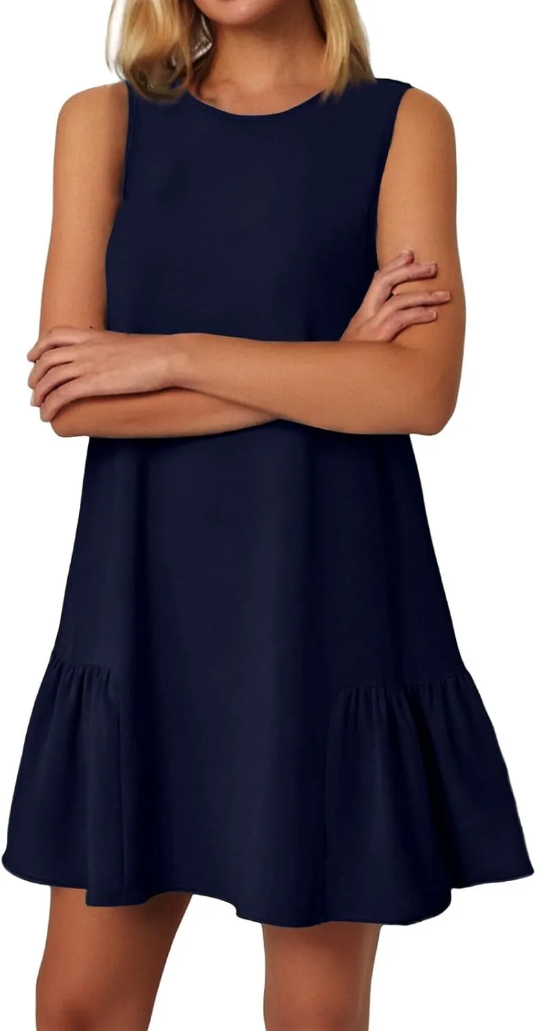 Women's Ruffle Hem Sleeveless Tank Dress Round Neck Casual Jacquard Hem Smock Summer Mini Dresses Sleeveless Dress for Women