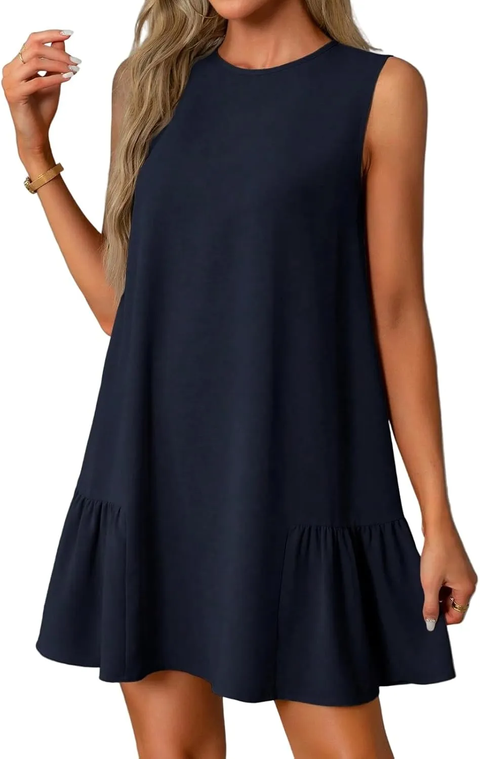 Women's Ruffle Hem Sleeveless Tank Dress Round Neck Casual Jacquard Hem Smock Summer Mini Dresses Sleeveless Dress for Women