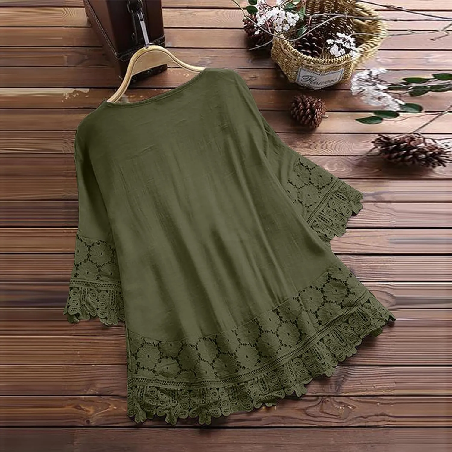 Womens Shirts 3/4 Sleeve Cotton Linen Ruffled Hollow Out Fashion Blouses Top Solid Color Loose Soft Lace Up T-Shirt