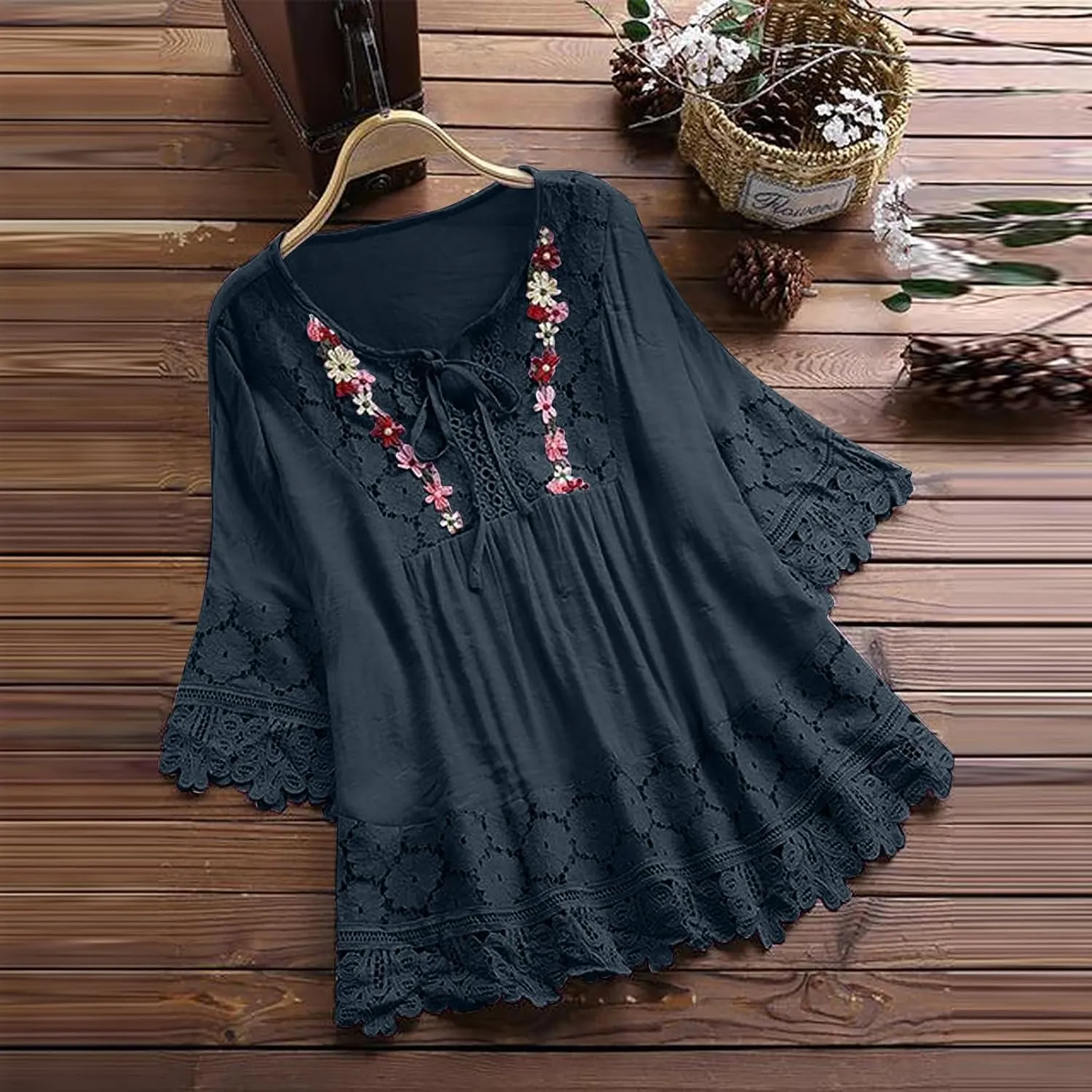 Womens Shirts 3/4 Sleeve Cotton Linen Ruffled Hollow Out Fashion Blouses Top Solid Color Loose Soft Lace Up T-Shirt