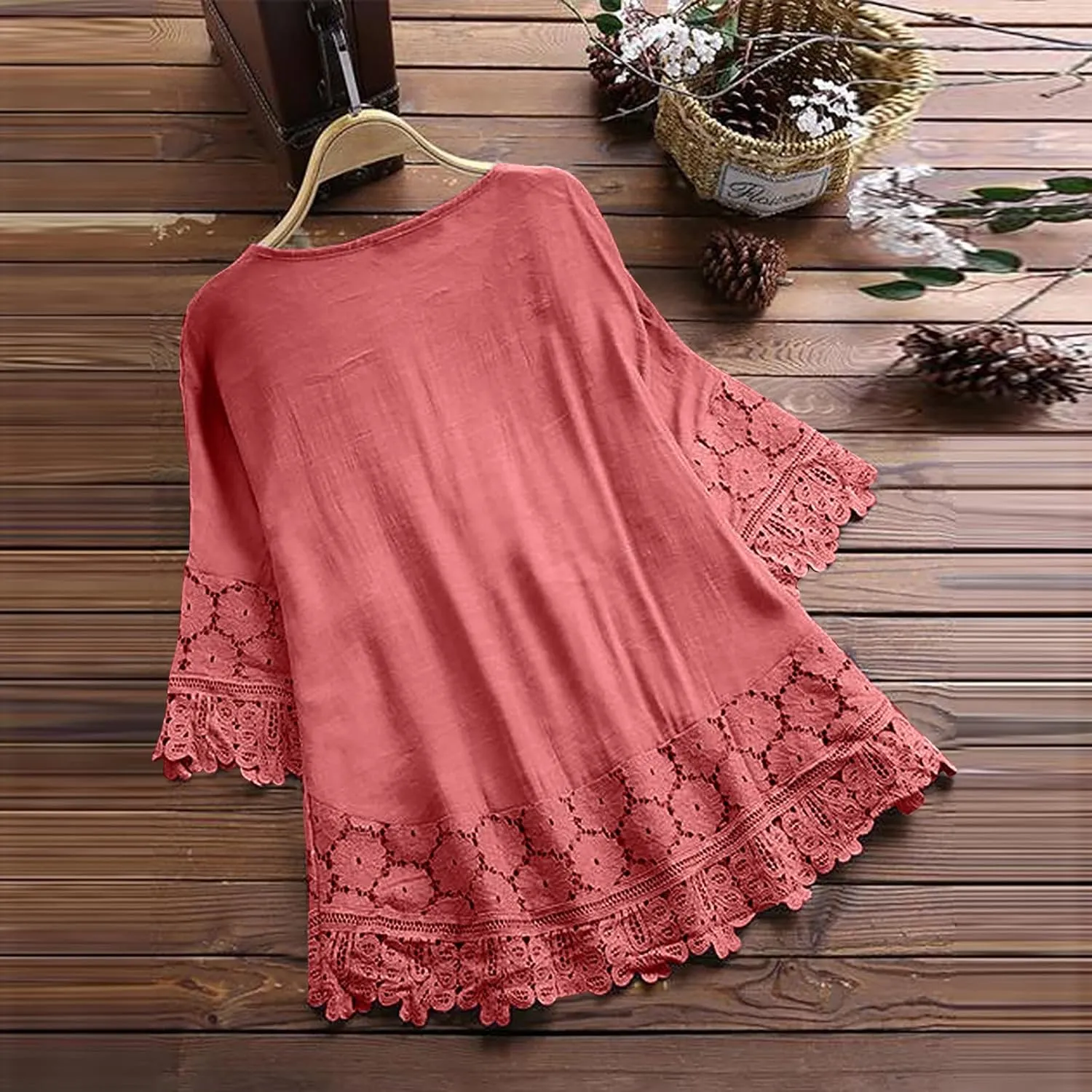 Womens Shirts 3/4 Sleeve Cotton Linen Ruffled Hollow Out Fashion Blouses Top Solid Color Loose Soft Lace Up T-Shirt