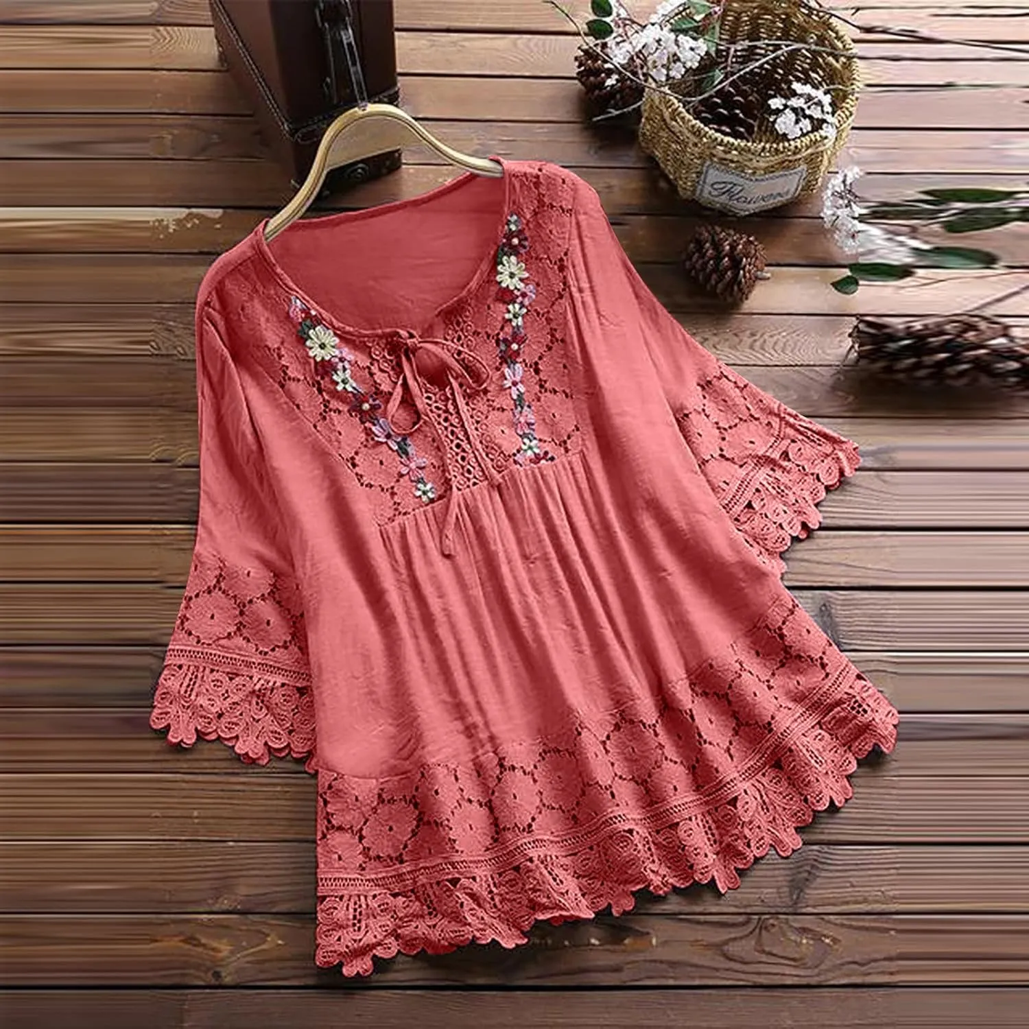 Womens Shirts 3/4 Sleeve Cotton Linen Ruffled Hollow Out Fashion Blouses Top Solid Color Loose Soft Lace Up T-Shirt