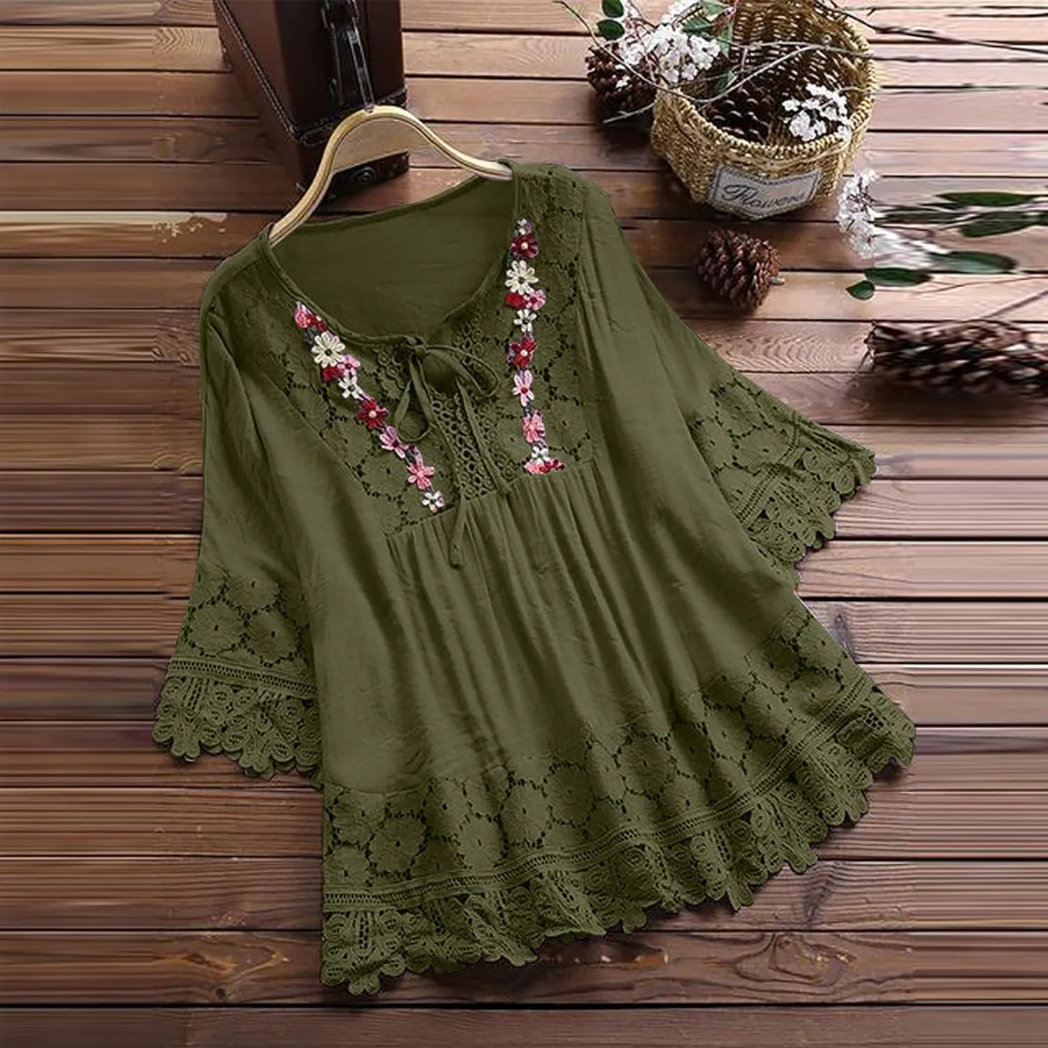 Womens Shirts 3/4 Sleeve Cotton Linen Ruffled Hollow Out Fashion Blouses Top Solid Color Loose Soft Lace Up T-Shirt
