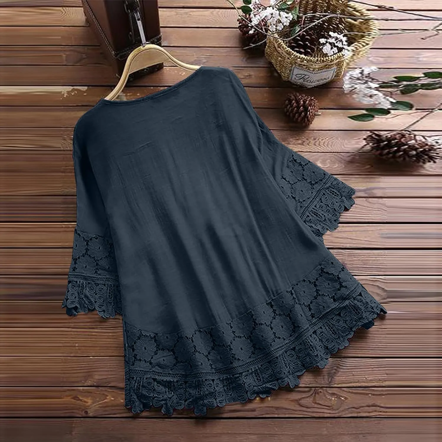 Womens Shirts 3/4 Sleeve Cotton Linen Ruffled Hollow Out Fashion Blouses Top Solid Color Loose Soft Lace Up T-Shirt
