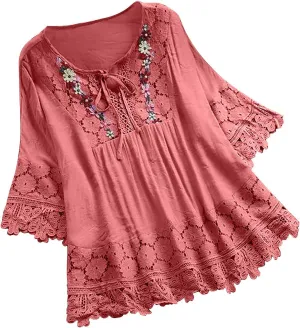 Womens Shirts 3/4 Sleeve Cotton Linen Ruffled Hollow Out Fashion Blouses Top Solid Color Loose Soft Lace Up T-Shirt