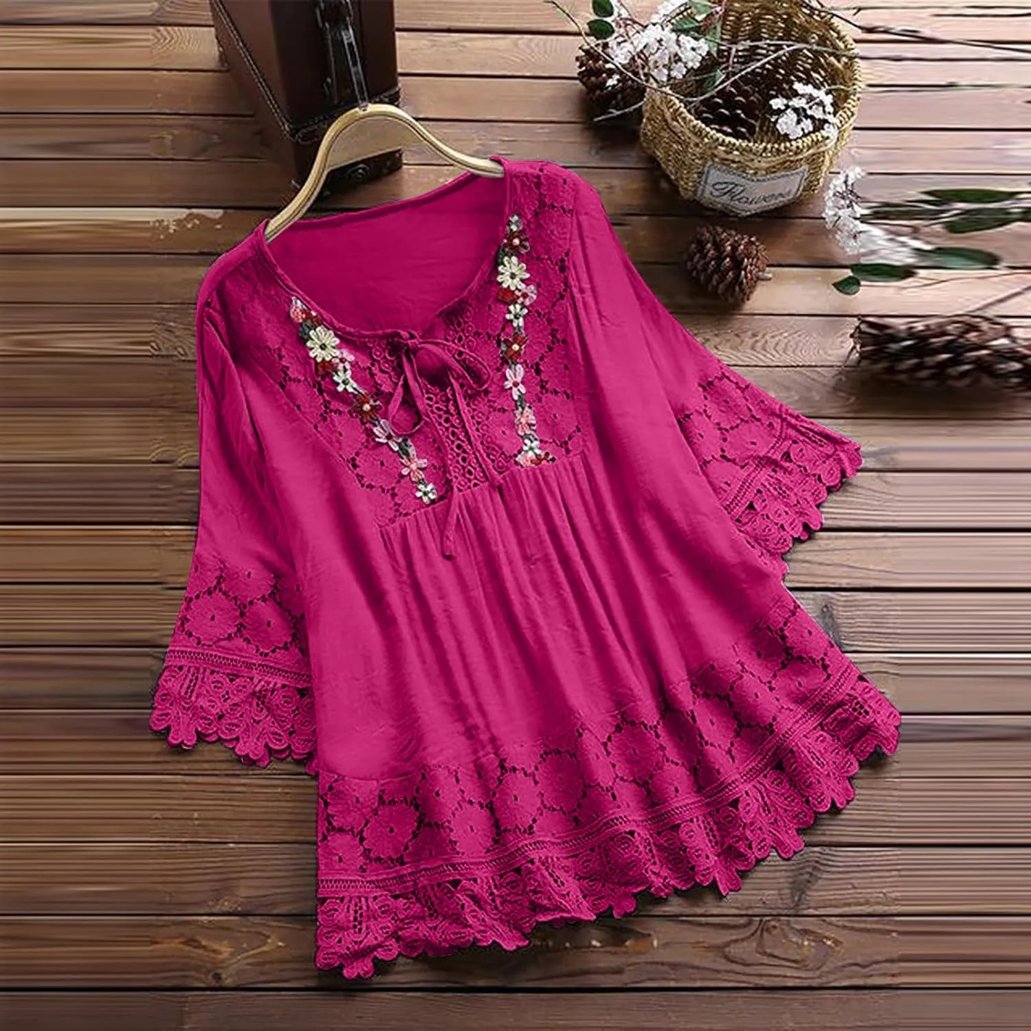 Womens Shirts 3/4 Sleeve Cotton Linen Ruffled Hollow Out Fashion Blouses Top Solid Color Loose Soft Lace Up T-Shirt