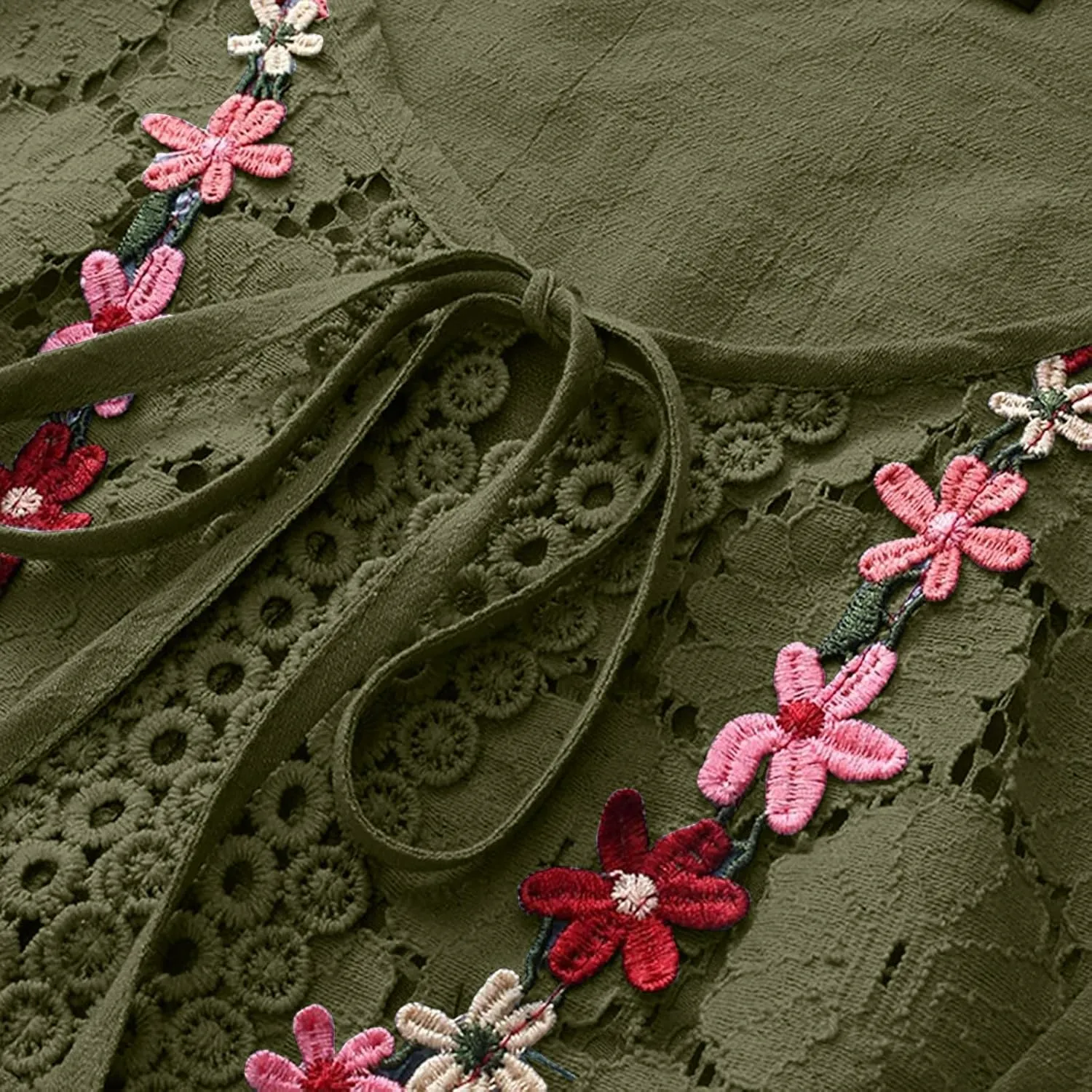 Womens Shirts 3/4 Sleeve Cotton Linen Ruffled Hollow Out Fashion Blouses Top Solid Color Loose Soft Lace Up T-Shirt