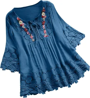 Womens Shirts 3/4 Sleeve Cotton Linen Ruffled Hollow Out Fashion Blouses Top Solid Color Loose Soft Lace Up T-Shirt