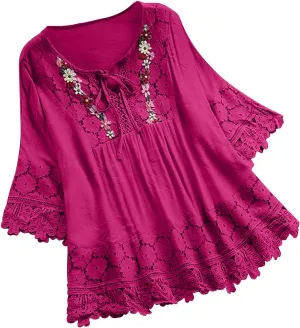 Womens Shirts 3/4 Sleeve Cotton Linen Ruffled Hollow Out Fashion Blouses Top Solid Color Loose Soft Lace Up T-Shirt