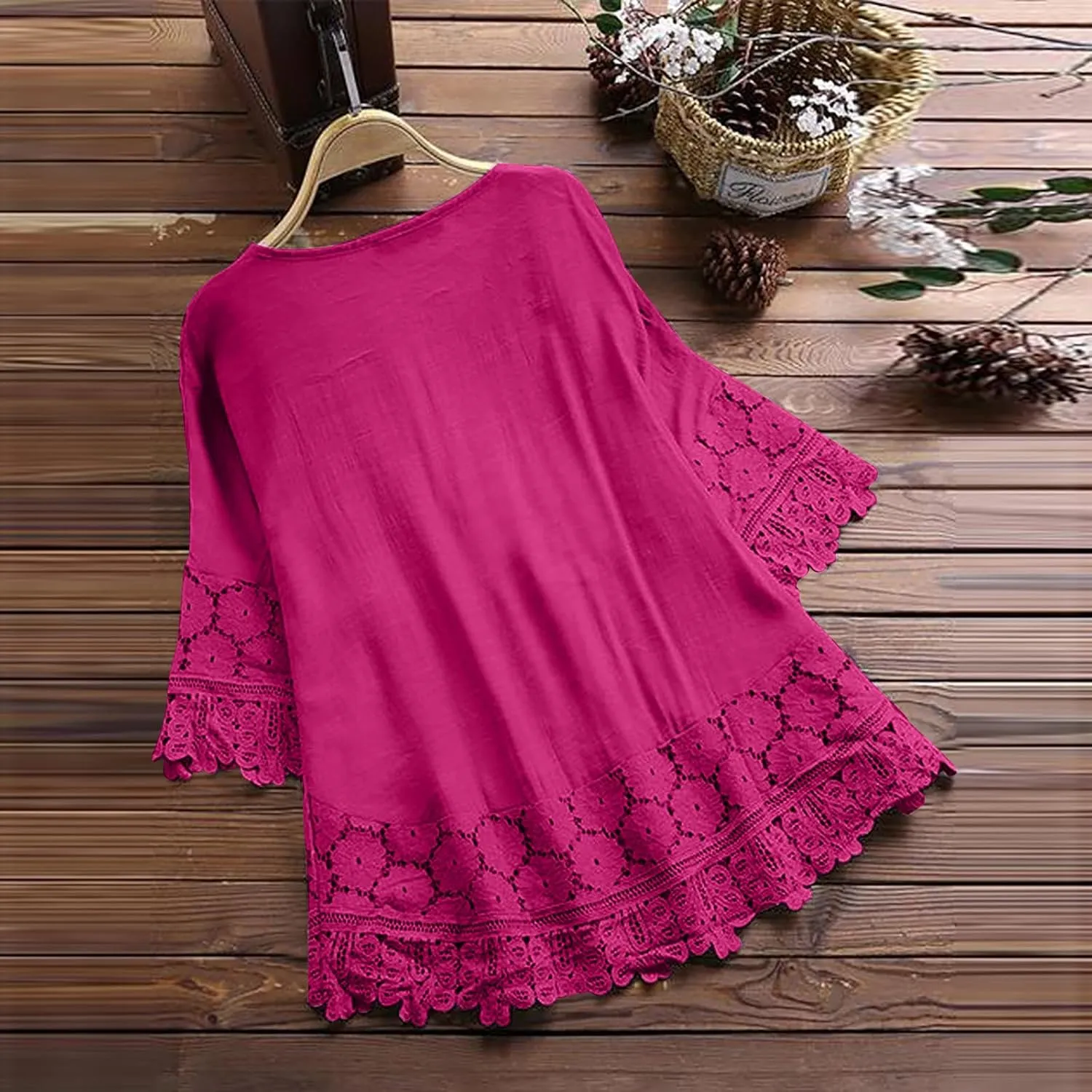 Womens Shirts 3/4 Sleeve Cotton Linen Ruffled Hollow Out Fashion Blouses Top Solid Color Loose Soft Lace Up T-Shirt