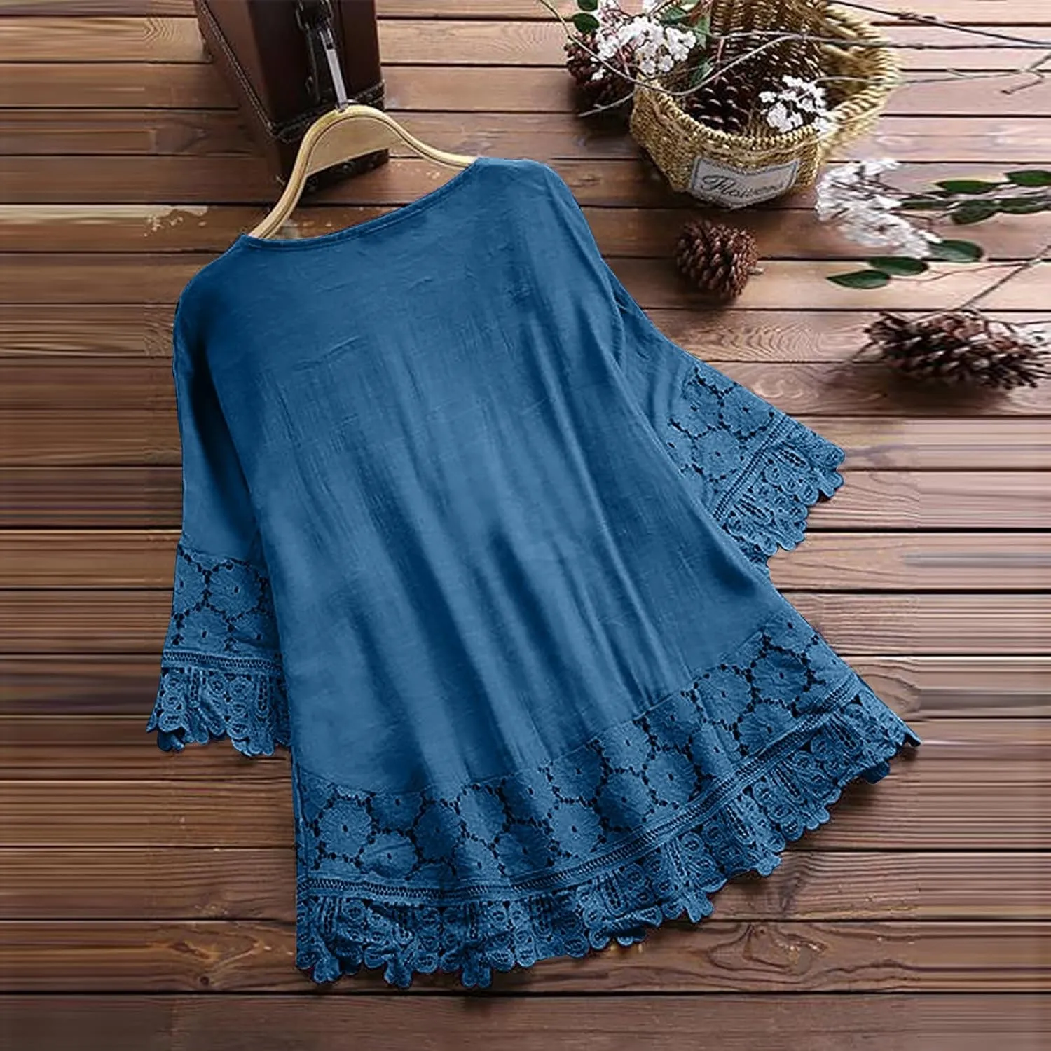 Womens Shirts 3/4 Sleeve Cotton Linen Ruffled Hollow Out Fashion Blouses Top Solid Color Loose Soft Lace Up T-Shirt
