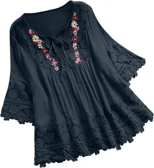 Womens Shirts 3/4 Sleeve Cotton Linen Ruffled Hollow Out Fashion Blouses Top Solid Color Loose Soft Lace Up T-Shirt