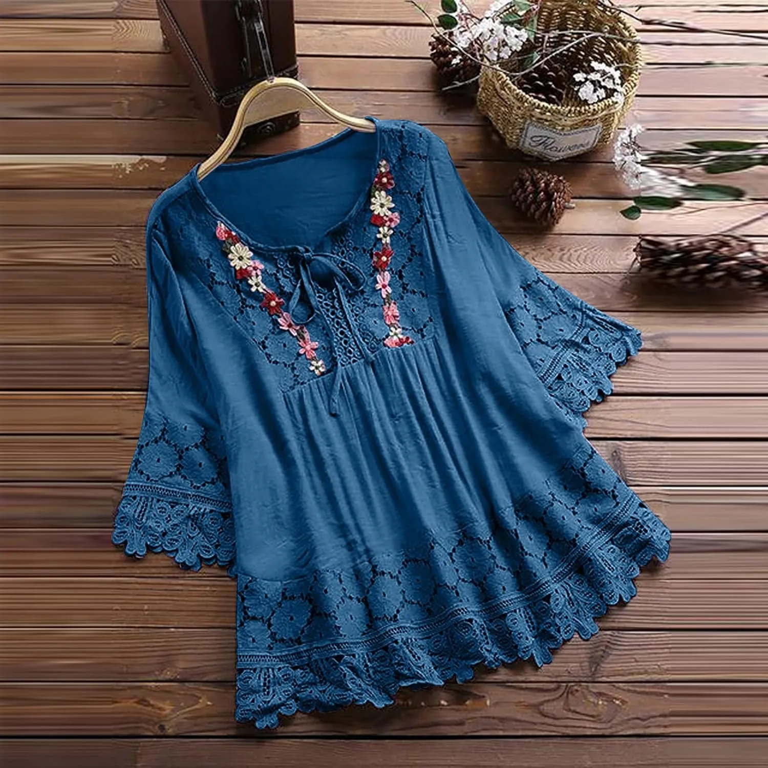 Womens Shirts 3/4 Sleeve Cotton Linen Ruffled Hollow Out Fashion Blouses Top Solid Color Loose Soft Lace Up T-Shirt