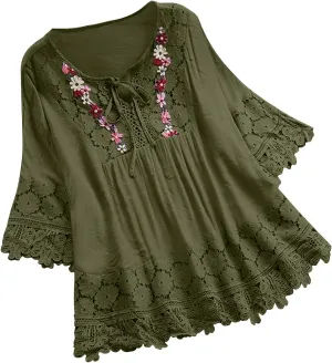 Womens Shirts 3/4 Sleeve Cotton Linen Ruffled Hollow Out Fashion Blouses Top Solid Color Loose Soft Lace Up T-Shirt
