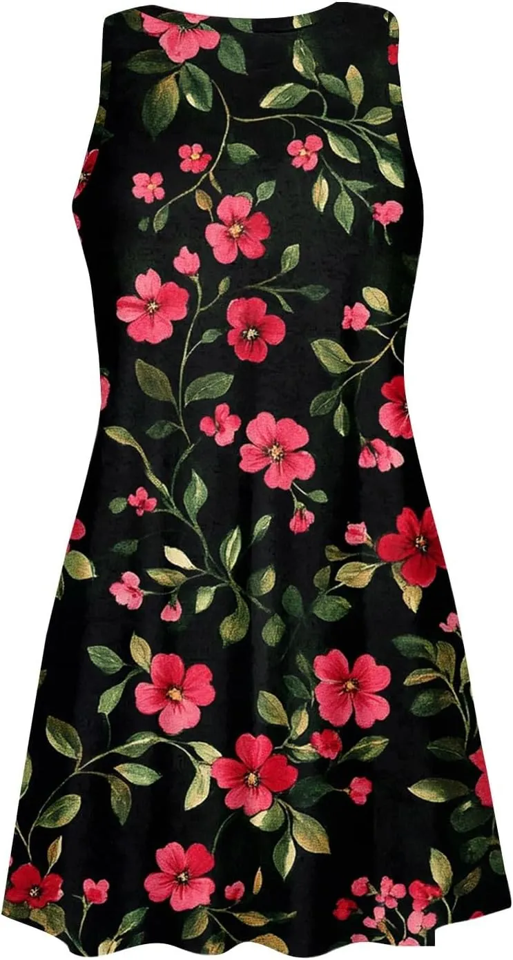 Women's Sleeveless Floral Print Summer Dress with Pockets Casual Loose Fit A-Line Summer for Beach & Party