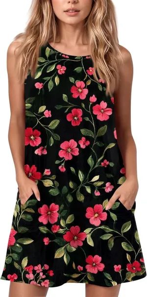 Women's Sleeveless Floral Print Summer Dress with Pockets Casual Loose Fit A-Line Summer for Beach & Party