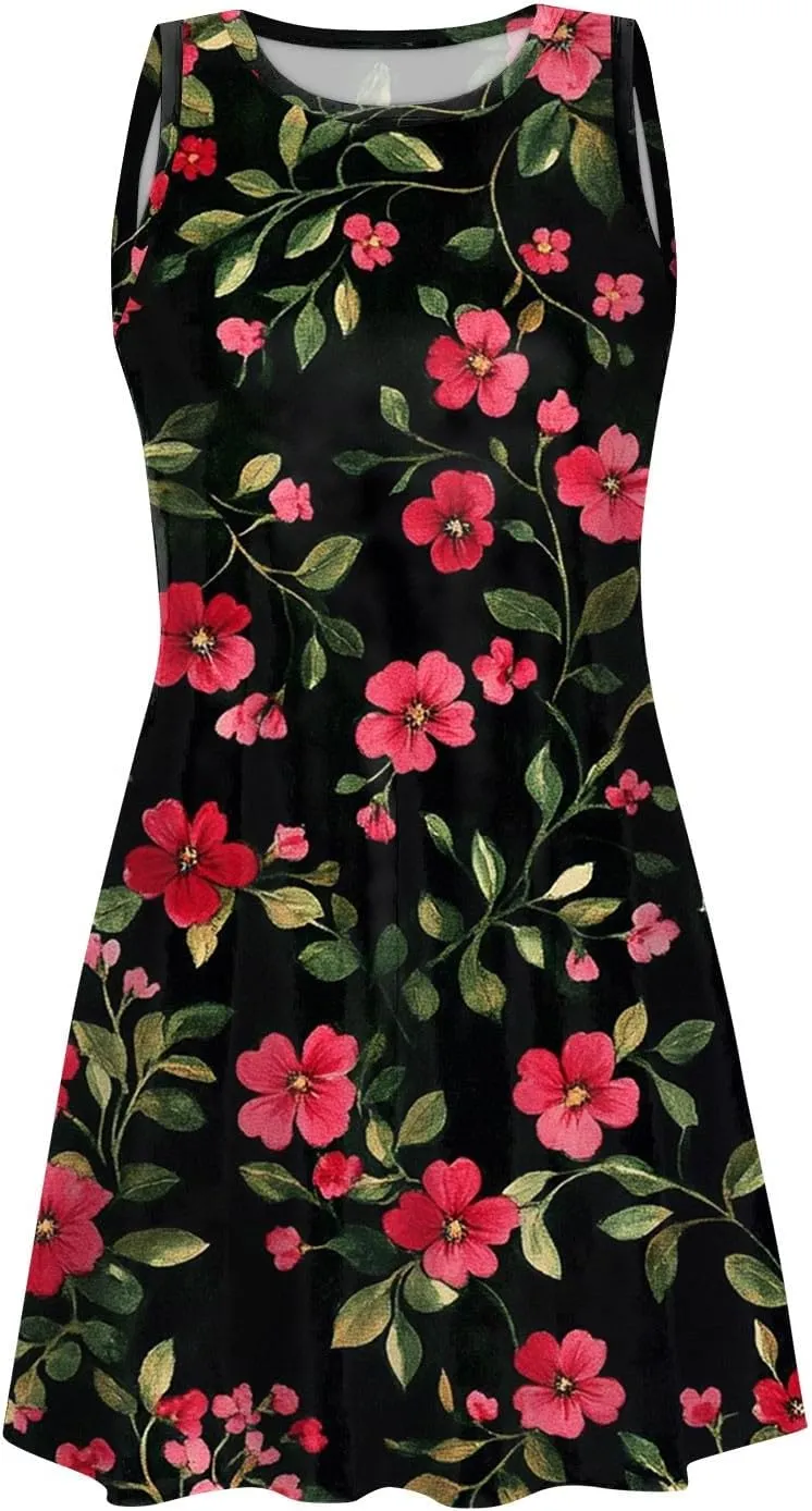 Women's Sleeveless Floral Print Summer Dress with Pockets Casual Loose Fit A-Line Summer for Beach & Party