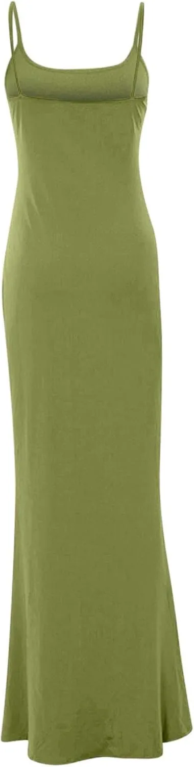 Womens Spaghetti Strap Bodycon Maxi Dress Summer Casual Sleeveless Long Beach Dresses Ruched Elegant Evening Dress