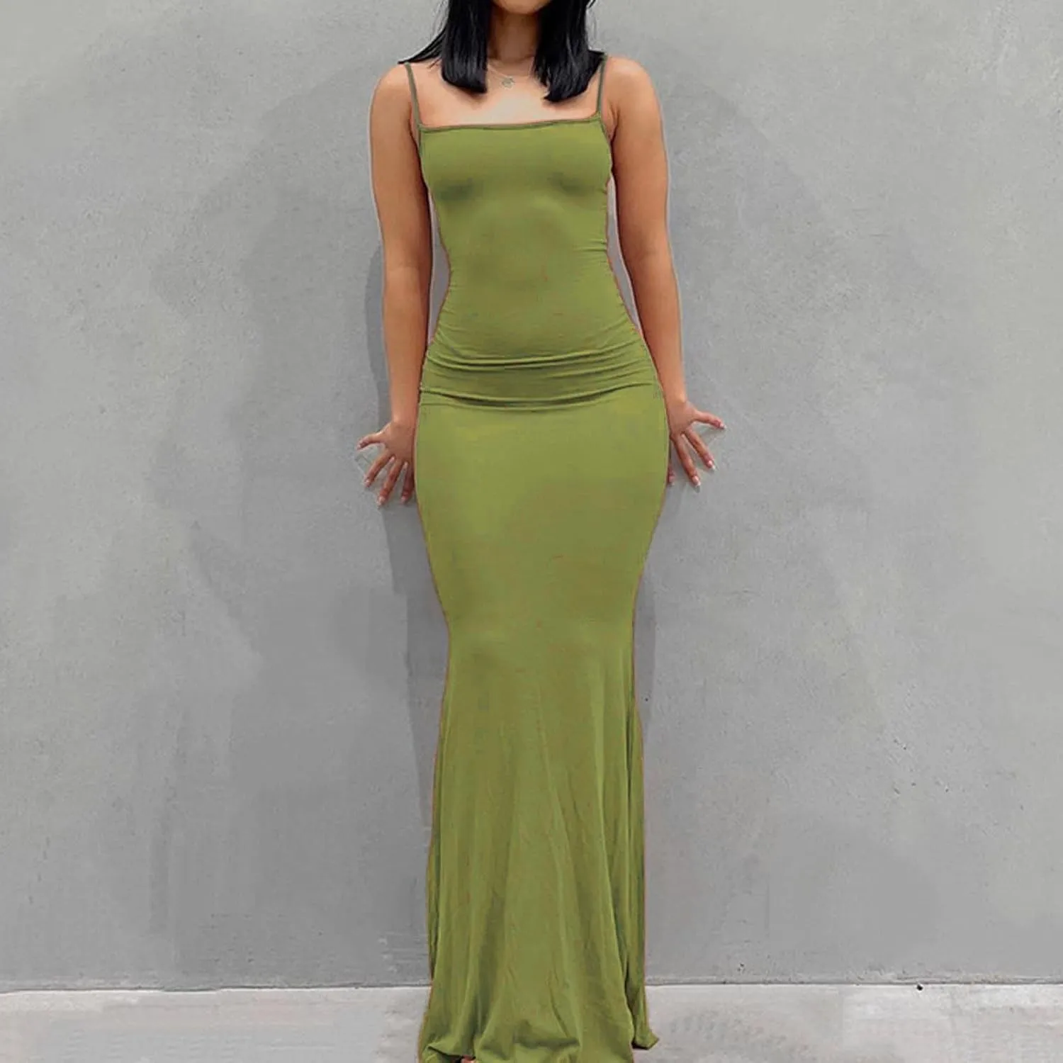 Womens Spaghetti Strap Bodycon Maxi Dress Summer Casual Sleeveless Long Beach Dresses Ruched Elegant Evening Dress