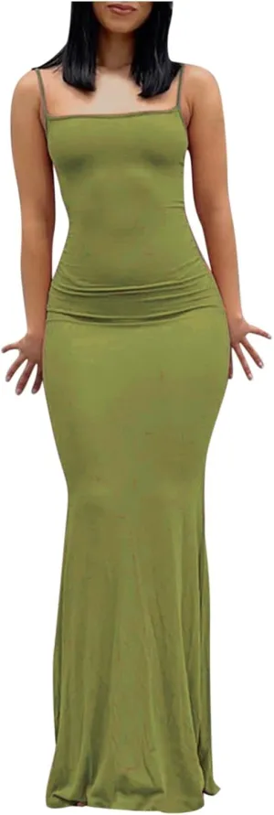 Womens Spaghetti Strap Bodycon Maxi Dress Summer Casual Sleeveless Long Beach Dresses Ruched Elegant Evening Dress