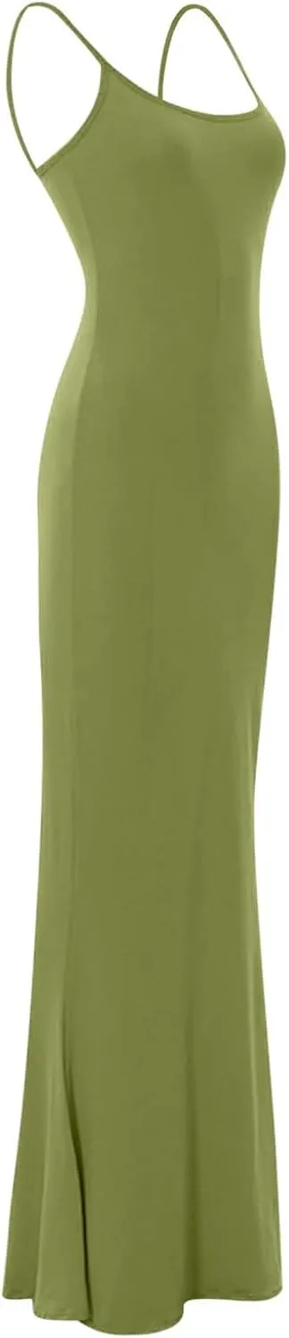 Womens Spaghetti Strap Bodycon Maxi Dress Summer Casual Sleeveless Long Beach Dresses Ruched Elegant Evening Dress