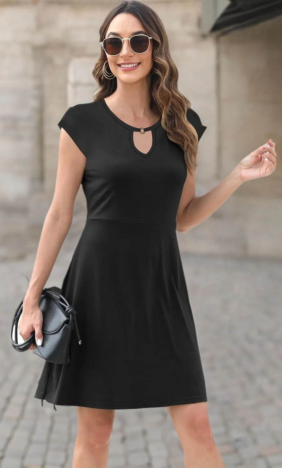 Women's Summer Dress Cap Sleeve Front Keyhole Scoop Neck Sundress 2025 Beach Casual Floral T-Shirt Dress