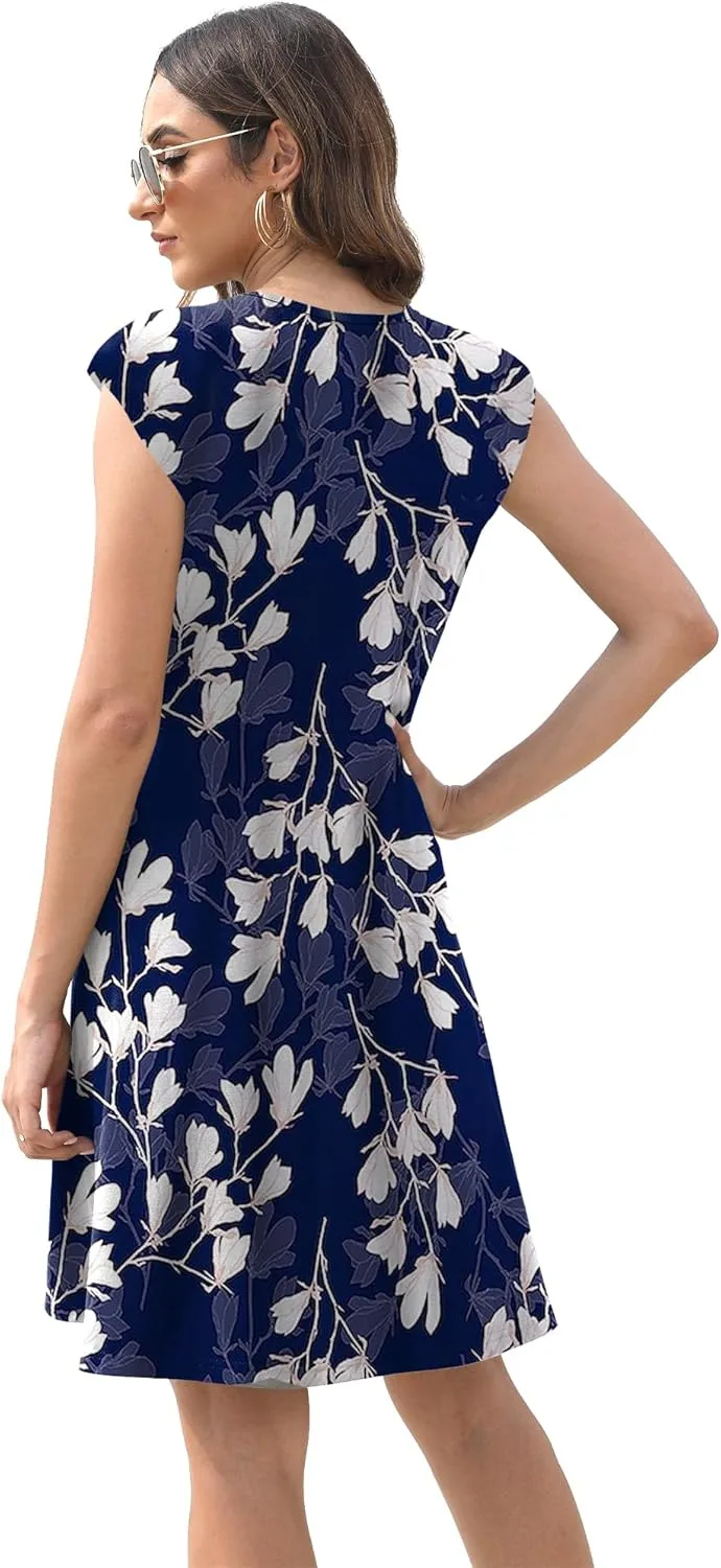 Women's Summer Dress Cap Sleeve Front Keyhole Scoop Neck Sundress 2025 Beach Casual Floral T-Shirt Dress
