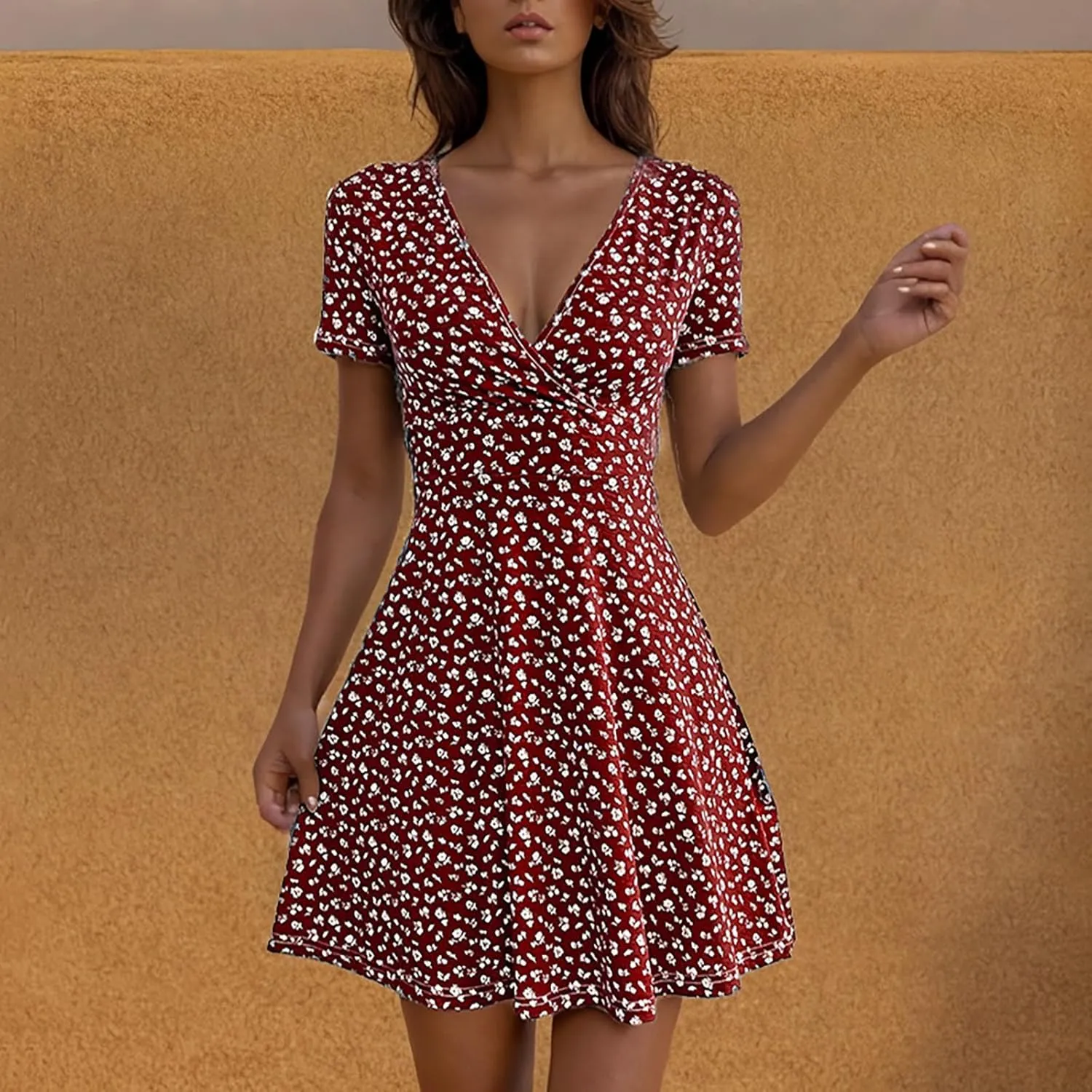 Womens Summer Dresses 2025 Deep V Neck Ruffle Floral Flowy Mini Dress Plus Size Wrap Mini Sunresses Vacation Beach Outfits