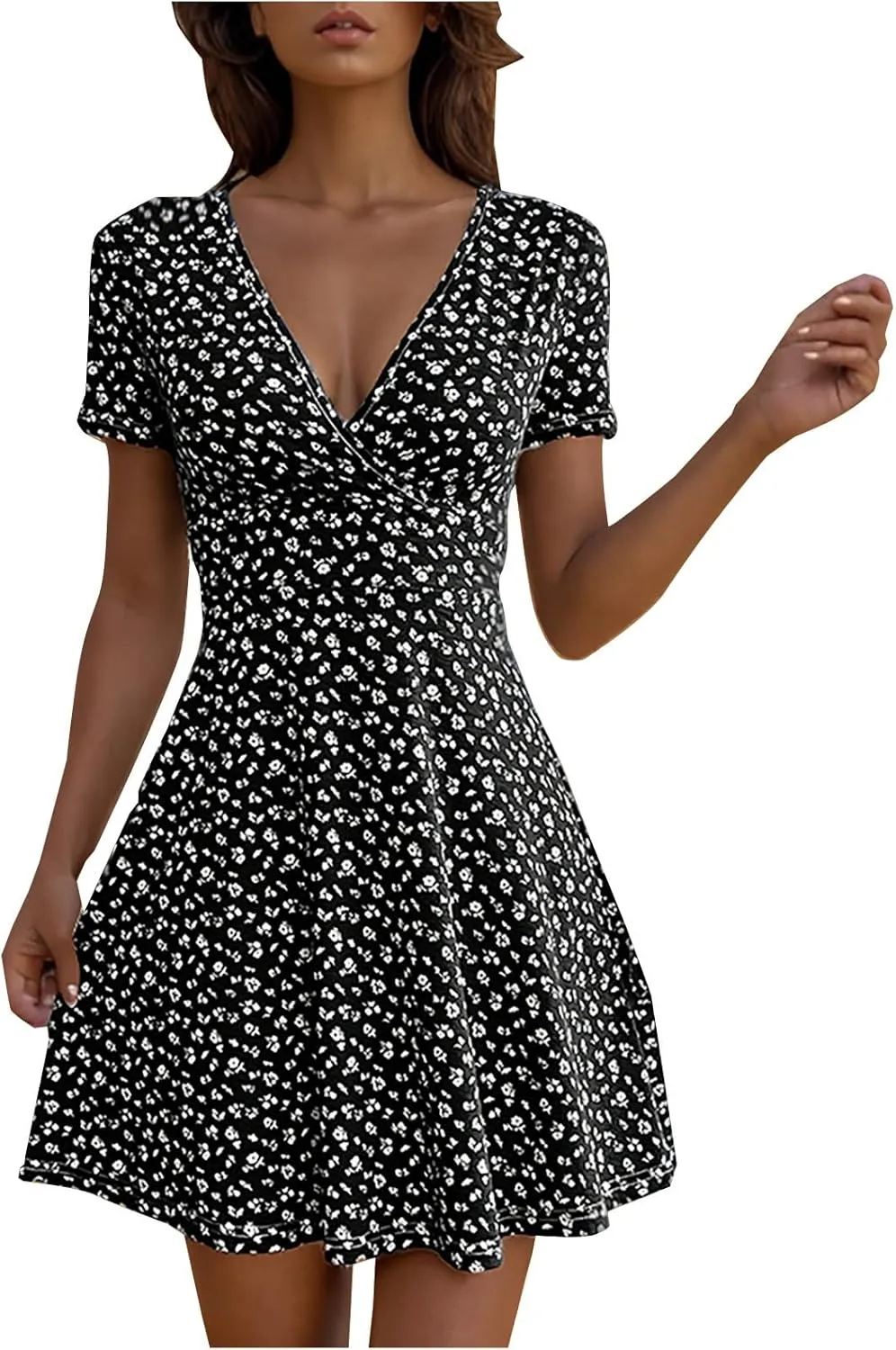 Womens Summer Dresses 2025 Deep V Neck Ruffle Floral Flowy Mini Dress Plus Size Wrap Mini Sunresses Vacation Beach Outfits