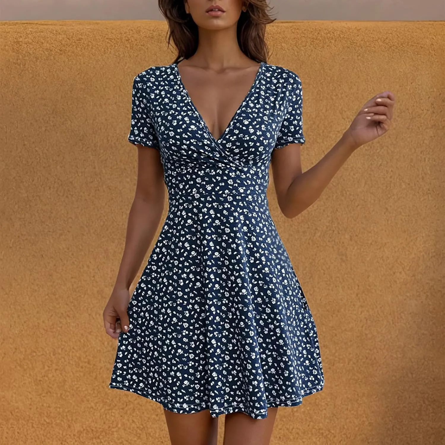 Womens Summer Dresses 2025 Deep V Neck Ruffle Floral Flowy Mini Dress Plus Size Wrap Mini Sunresses Vacation Beach Outfits