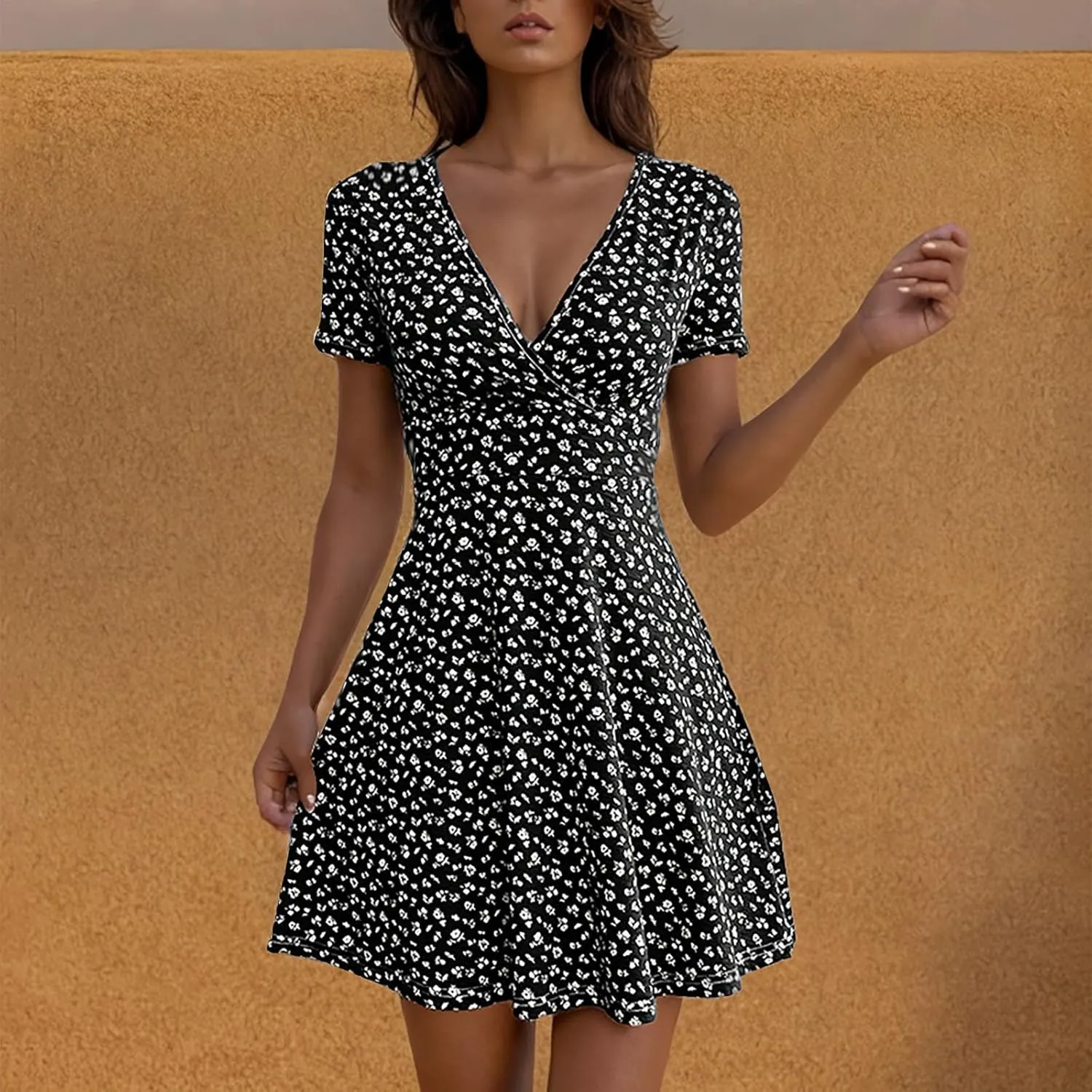 Womens Summer Dresses 2025 Deep V Neck Ruffle Floral Flowy Mini Dress Plus Size Wrap Mini Sunresses Vacation Beach Outfits