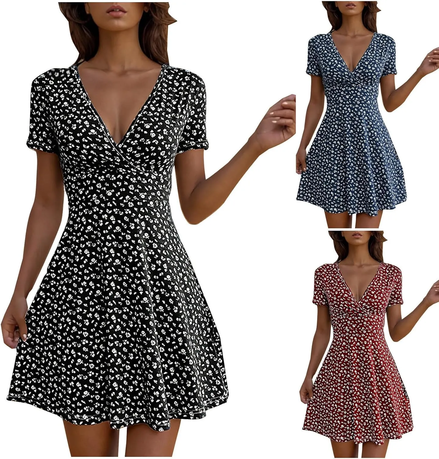Womens Summer Dresses 2025 Deep V Neck Ruffle Floral Flowy Mini Dress Plus Size Wrap Mini Sunresses Vacation Beach Outfits