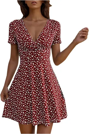 Womens Summer Dresses 2025 Deep V Neck Ruffle Floral Flowy Mini Dress Plus Size Wrap Mini Sunresses Vacation Beach Outfits