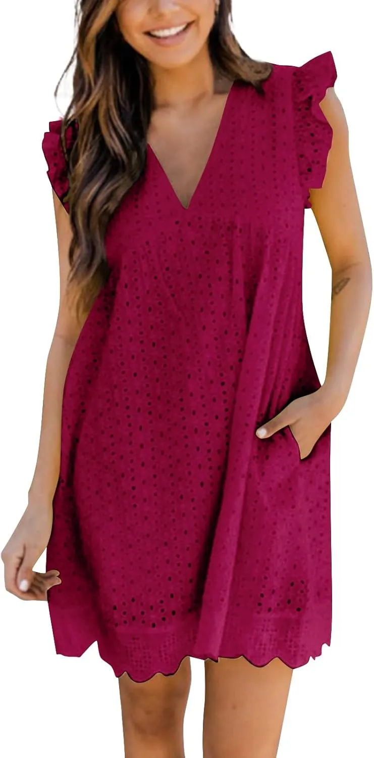 Womens Summer Dresses Cap Sleeve Babydoll Eyelet Ruffle V Neck Mini Dress Plus Size Casual Loose Sundress with Pockets Party