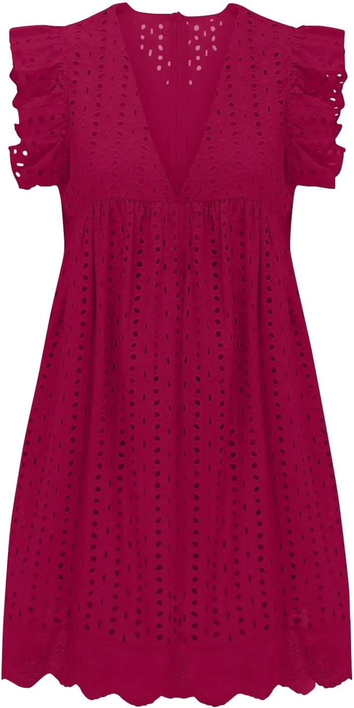 Womens Summer Dresses Cap Sleeve Babydoll Eyelet Ruffle V Neck Mini Dress Plus Size Casual Loose Sundress with Pockets Party