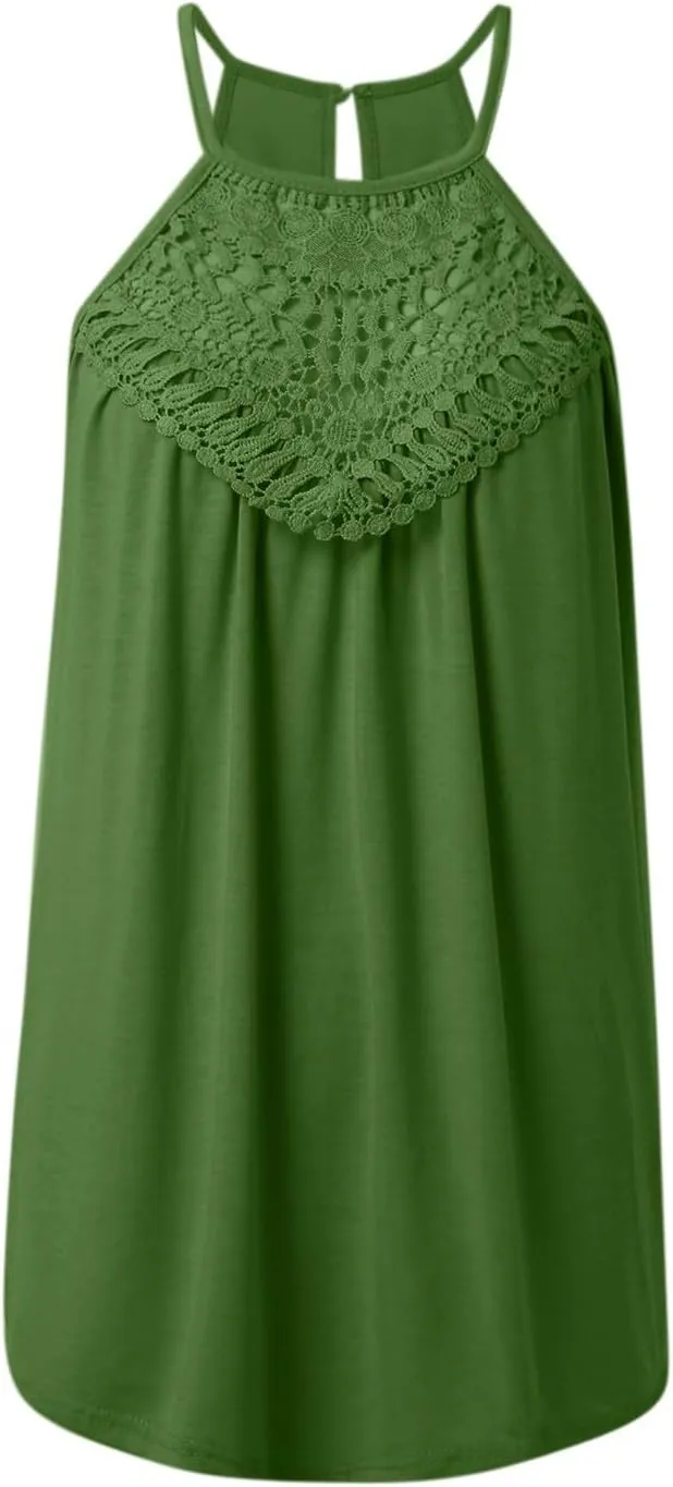 Women's Summer Halter Spaghetti Strap Flowy Tank Tops Sleeveless Shirts Blouses Lace Cami Camisole