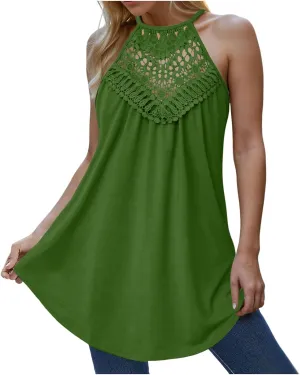 Women's Summer Halter Spaghetti Strap Flowy Tank Tops Sleeveless Shirts Blouses Lace Cami Camisole
