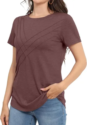 Womens Summer Tops Casual Short Sleeve T Shirts Dressy Basic Loose Blouses Trendy Pleated Tunic