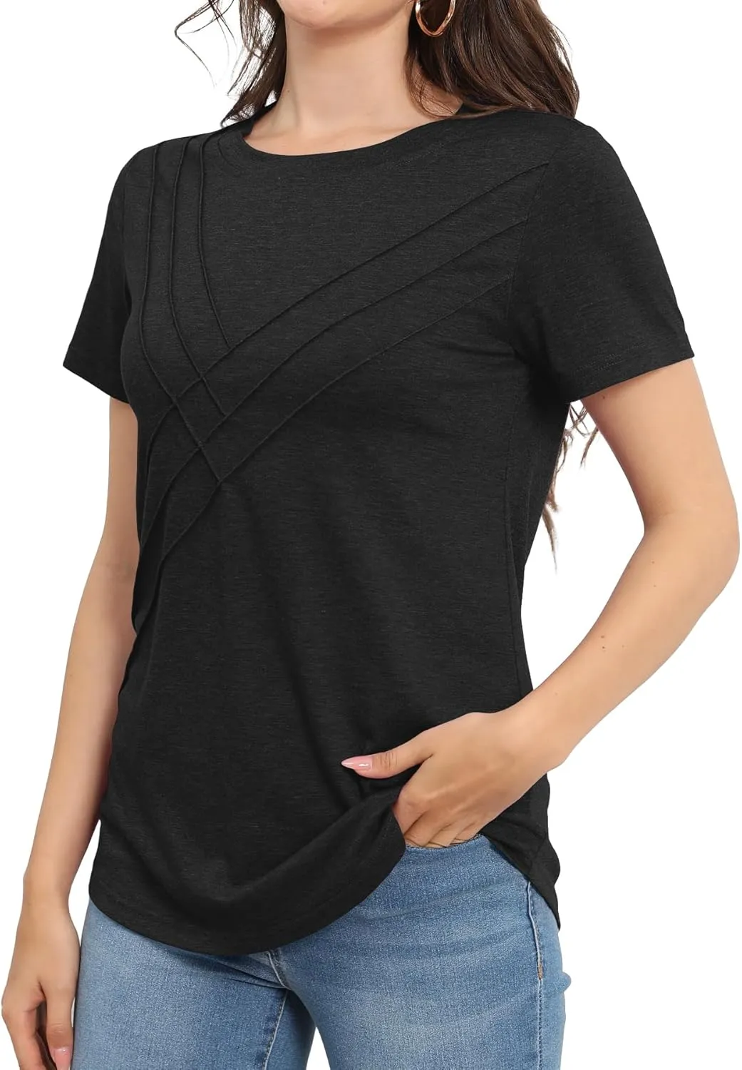 Womens Summer Tops Casual Short Sleeve T Shirts Dressy Basic Loose Blouses Trendy Pleated Tunic