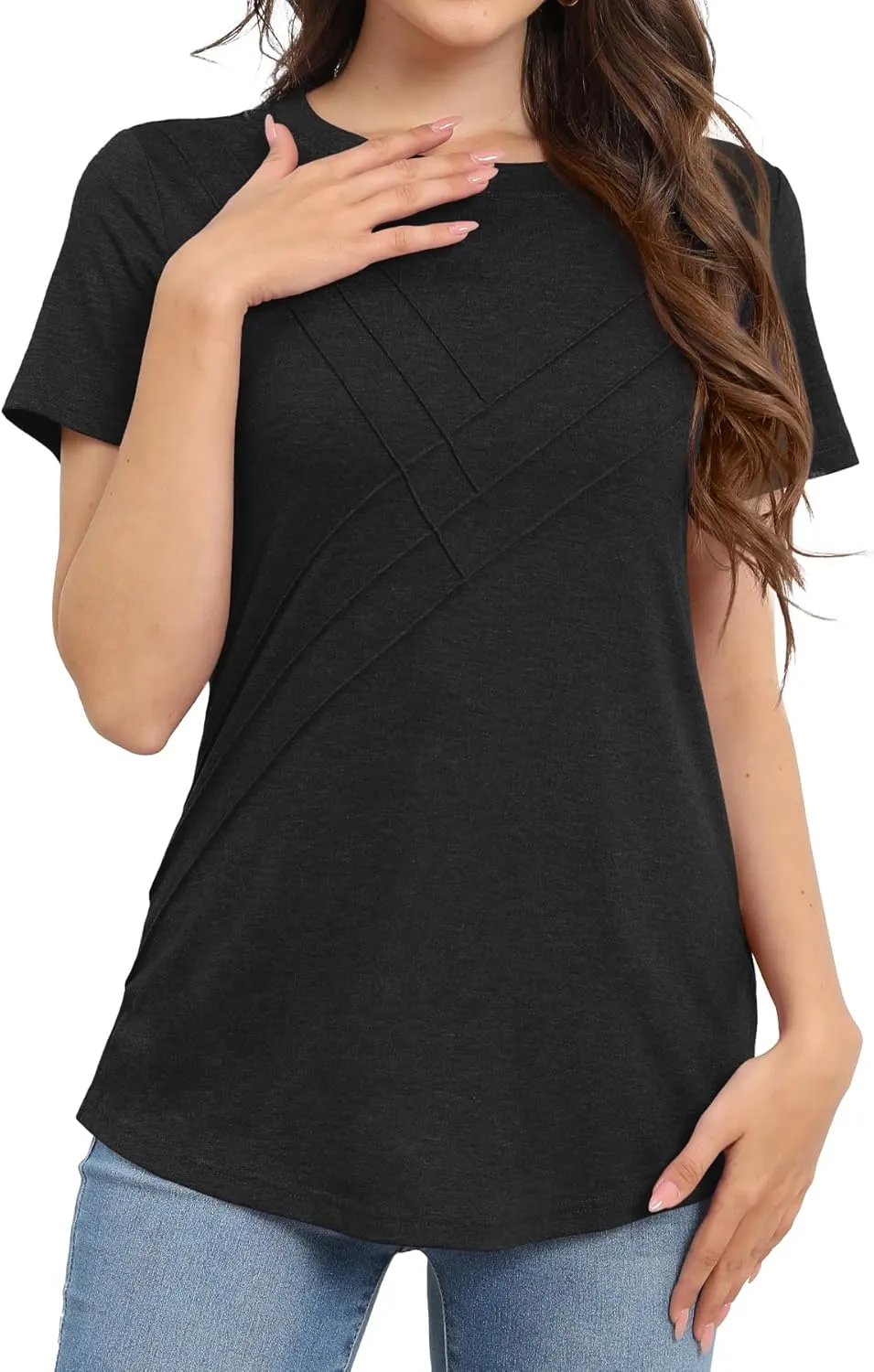 Womens Summer Tops Casual Short Sleeve T Shirts Dressy Basic Loose Blouses Trendy Pleated Tunic