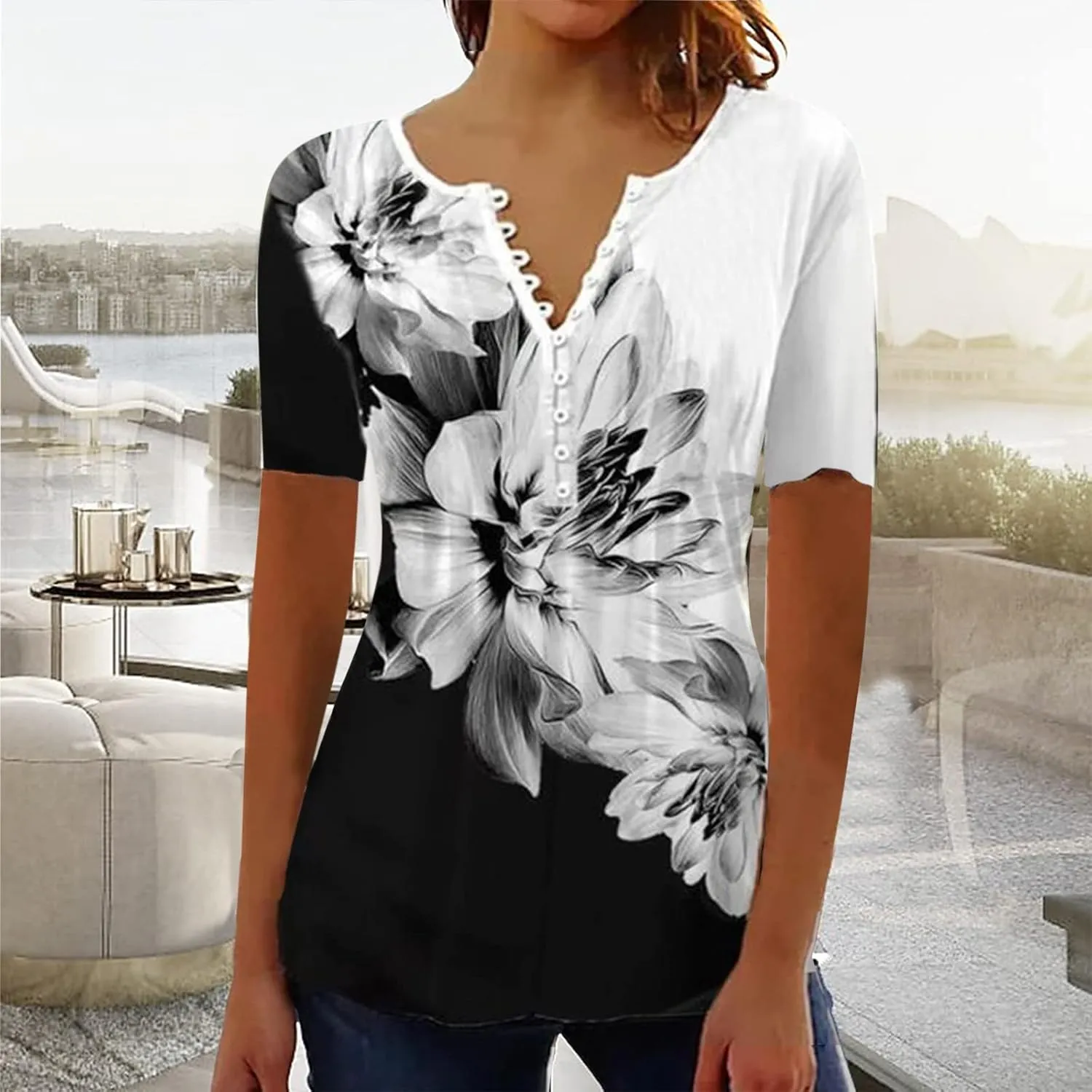 Womens Summer Tops Dressy Casual Short Sleeve V Neck T Shirts Trendy Cute Tees Loose Soft Floral Boho Tunic Blouses