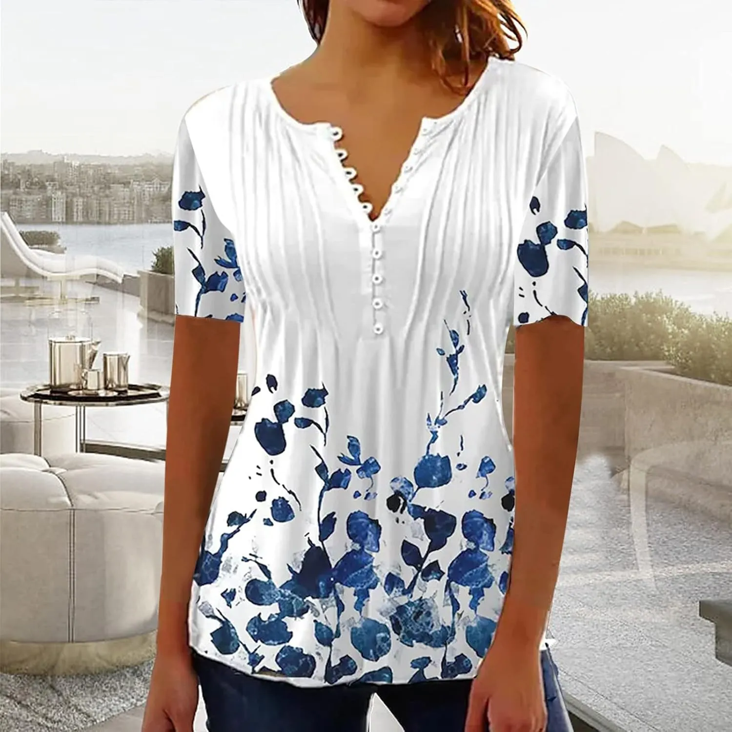 Womens Summer Tops Dressy Casual Short Sleeve V Neck T Shirts Trendy Cute Tees Loose Soft Floral Boho Tunic Blouses