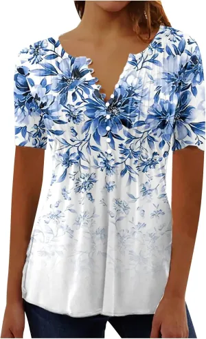 Womens Summer Tops Dressy Casual Short Sleeve V Neck T Shirts Trendy Cute Tees Loose Soft Floral Boho Tunic Blouses